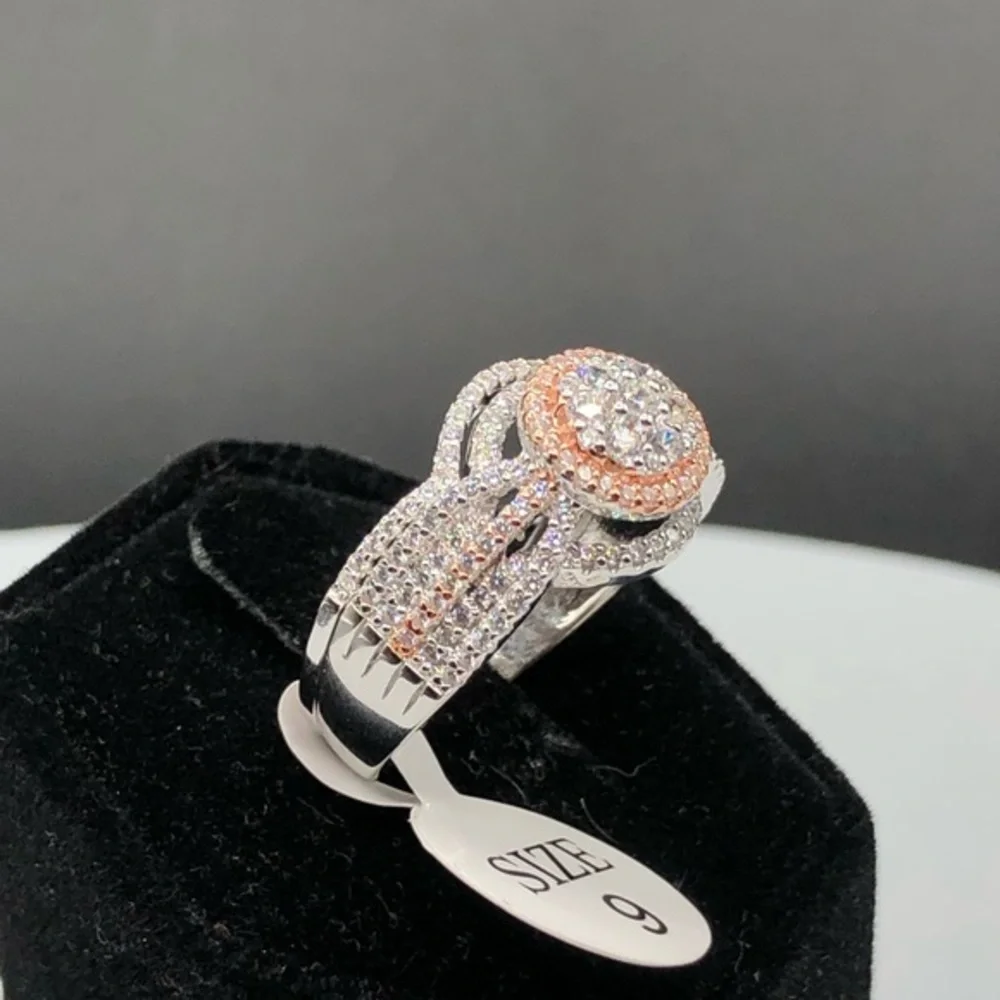 925 Sterling Silver Diamond Wedding Engagement Bridal 2 Band‎ Ring Set Sz 9